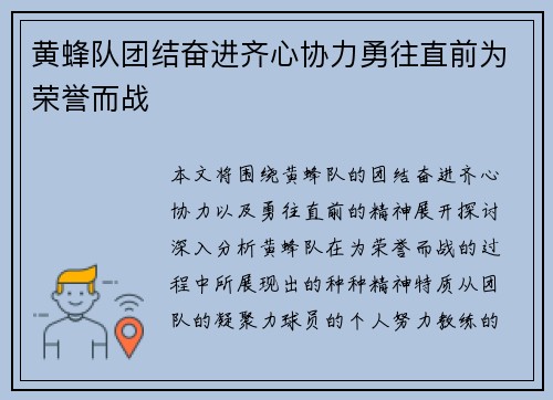 黄蜂队团结奋进齐心协力勇往直前为荣誉而战