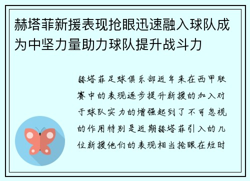 赫塔菲新援表现抢眼迅速融入球队成为中坚力量助力球队提升战斗力